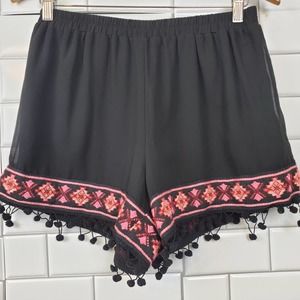 ENTRO | EMBROIDERED TASSEL BLACK FESTIVAL PULL ON SHORTS WOMEN'S SIZE MEDIUM